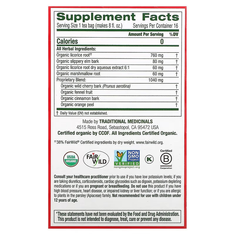Traditional Medicinals, Organic Throat Coat, Original with Slippery Elm, Caffeine Free, 16 Wrapped Tea Bags, 1.13 oz (32 g)