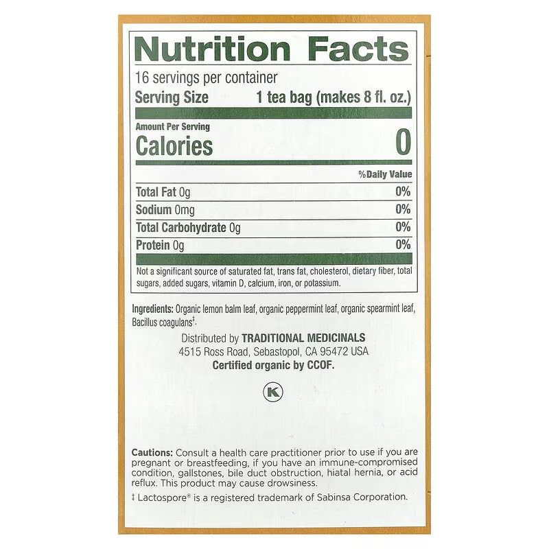 Traditional Medicinals, Organic Herbal Tea, Triple Mint Daily Probiotic, Caffeine Free, Peppermint, Spearmint & Lemon Balm, 16 Wrapped Tea Bags, 0.85 oz (24 g)