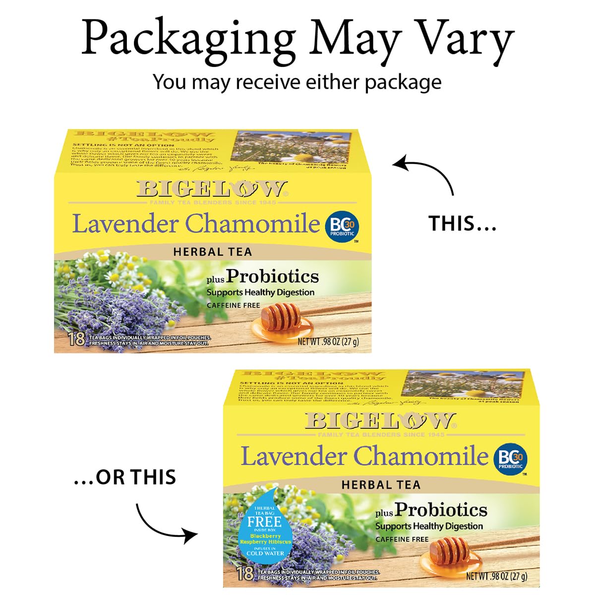 Bigelow Tea, Lavender Chamomile Plus Probiotics Herbal Tea, Caffeine Free, 18 Tea Bags (27 g)