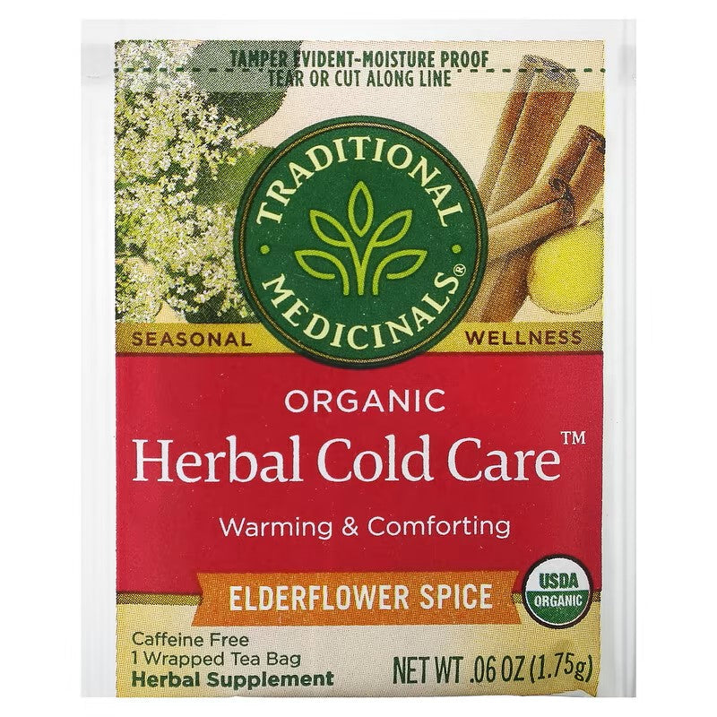 Traditional Medicinals, Organic Herbal Cold Care, Elderflower Spice, Caffeine Free, 16 Wrapped Tea Bags, 0.6 oz (1.75 g) Each