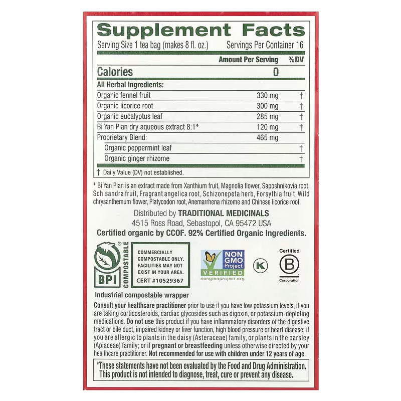 Traditional Medicinals, Breathe Easy®, Eucalyptus Mint, Caffeine Free, 16 Wrapped Tea Bags, 0.85 oz (24 g)