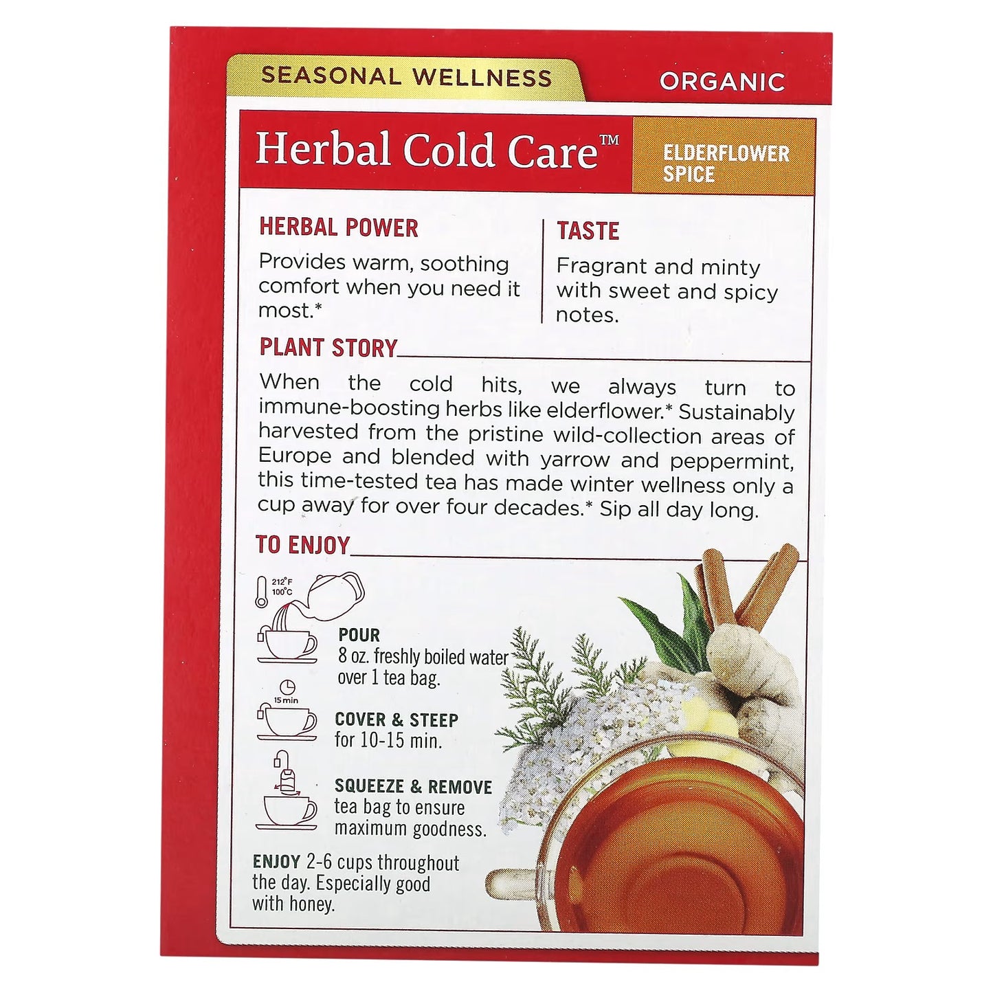 Traditional Medicinals, Organic Herbal Cold Care, Elderflower Spice, Caffeine Free, 16 Wrapped Tea Bags, 0.6 oz (1.75 g) Each