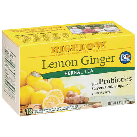 Bigelow Tea, Herbal Tea Plus Probiotic Lemon Ginger, Caffeine Free, 18 Tea Bags (37 g)