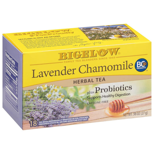 Bigelow Tea, Lavender Chamomile Plus Probiotics Herbal Tea, Caffeine Free, 18 Tea Bags (27 g)