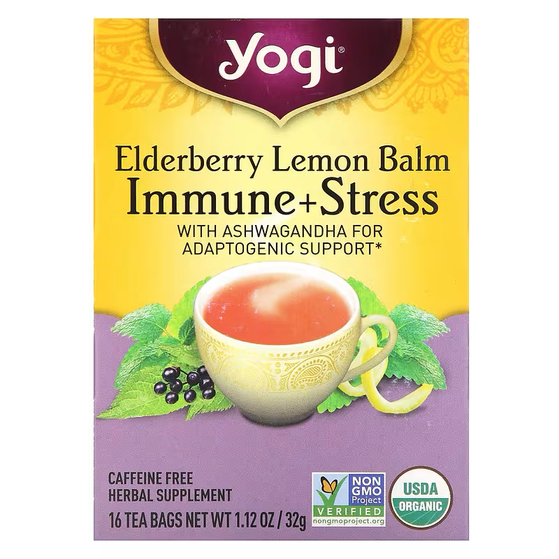 Yogi Tea, Immune + Stress, Elderberry Lemon Balm, Caffeine Free, 16 Tea Bags