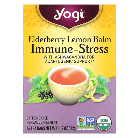 Yogi Tea, Immune + Stress, Elderberry Lemon Balm, Caffeine Free, 16 Tea Bags