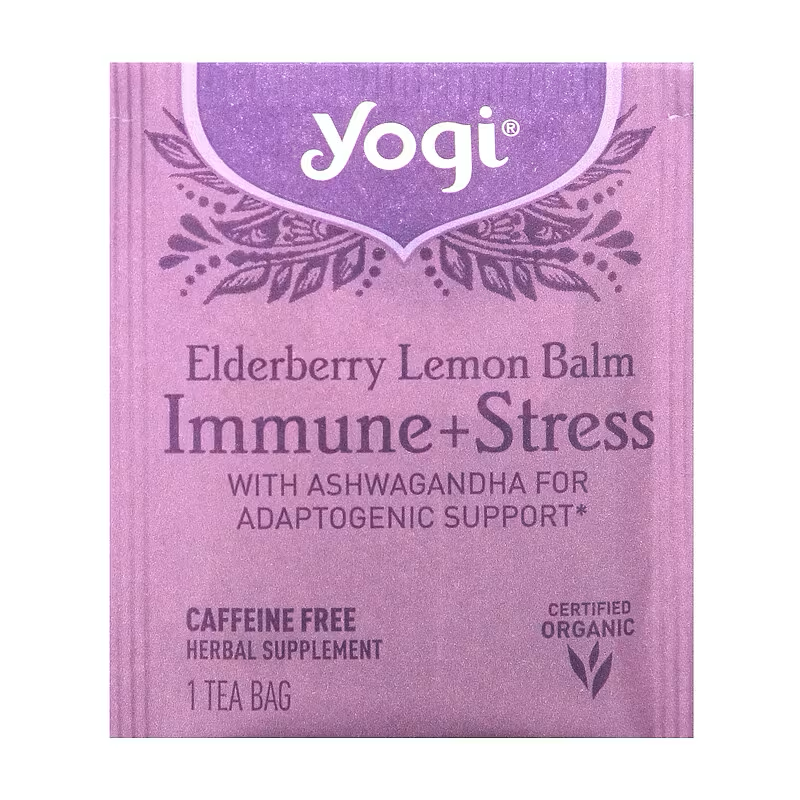 Yogi Tea, Immune + Stress, Elderberry Lemon Balm, Caffeine Free, 16 Tea Bags